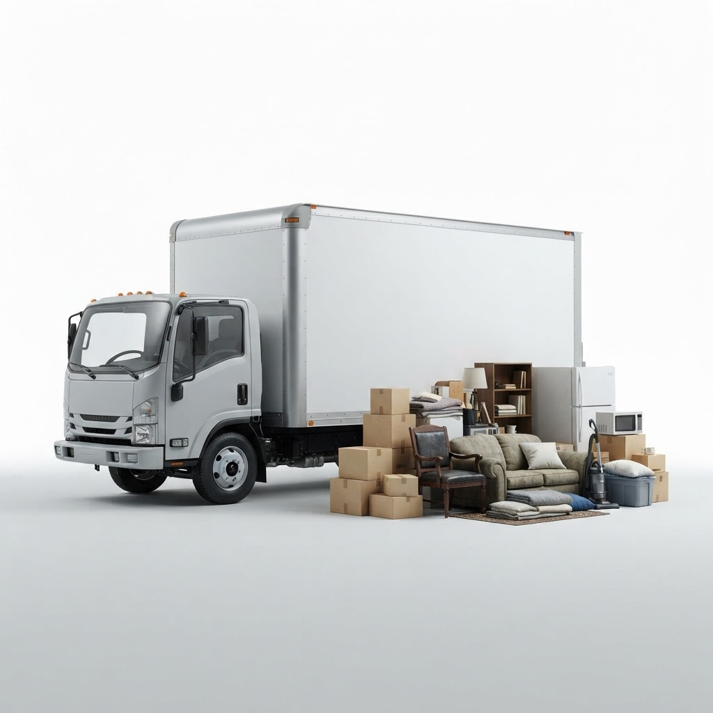 White junk removal truck beside household items